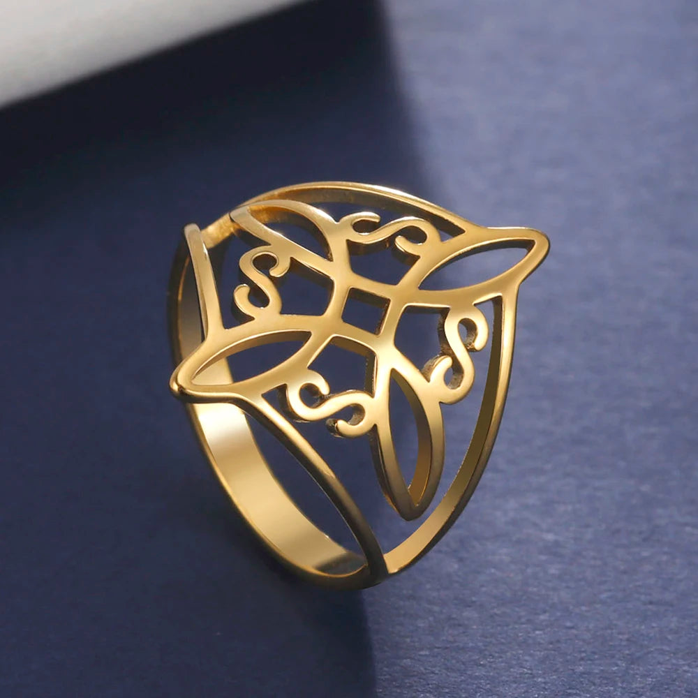 LIKGREAT Witch Knot Ring – Hollow Stainless Steel Celtic Amulet, Protection Jewelry for Men & Women, Couple Gifts