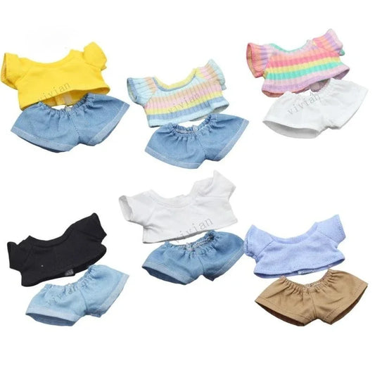 Doll Clothes Outfit for Kpop EXO Labubu & Cotoon Dolls – T-Shirt & Denim Shorts Set for 10-17cm Dolls