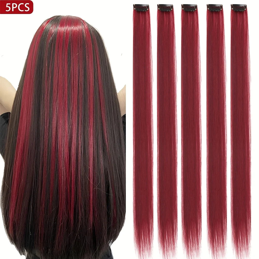 5PCS Long Straight Clip-In Hair Extensions - Synthetic Hairpieces for Women, Cosplay & Parties