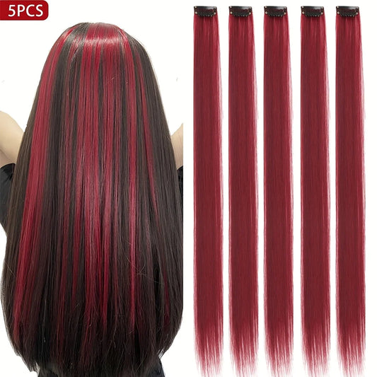 5PCS Long Straight Clip-In Hair Extensions - Synthetic Hairpieces for Women, Cosplay & Parties