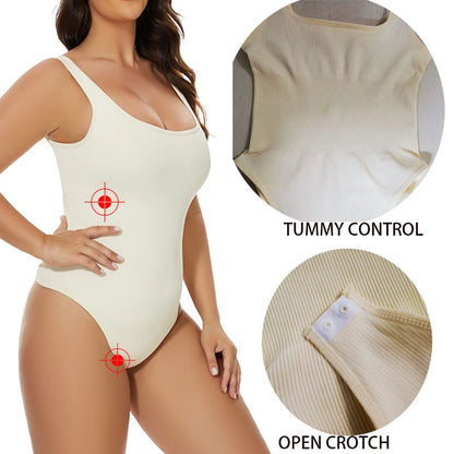 GUUDIA Ribbed Tummy Control Jumpsuit – Light Compression Daily Shaper Bodysuit with Open Crotch Shapewear Design