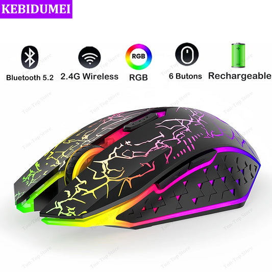 Bluetooth 5.2 Wireless RGB Mouse – Dual-Mode 2.4G Gaming Mouse with 6 Buttons, Silent Click for MacBook, Tablet, Laptop, PC