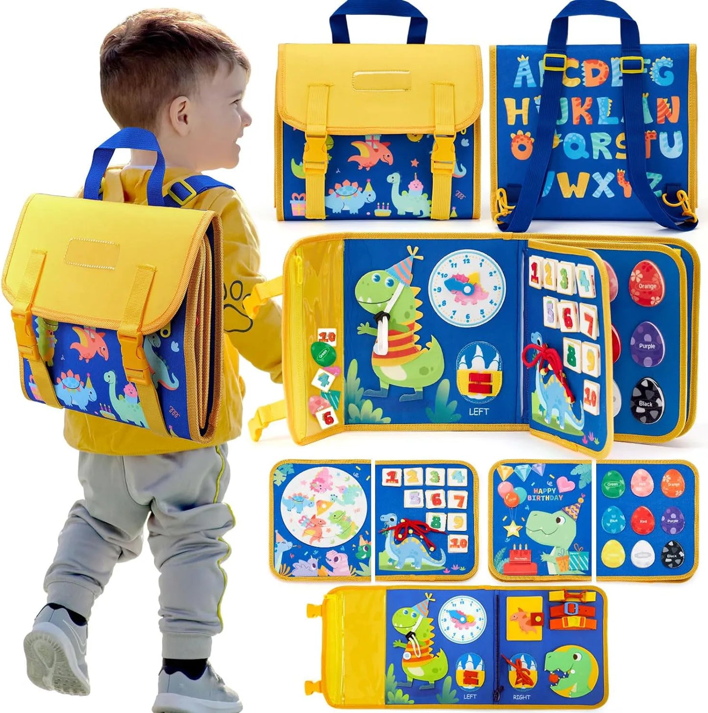 Montessori Toddler Busy Board – Dinosaur Dress-Up Sensory Toy for Learning Life Skills & Travel Backpack