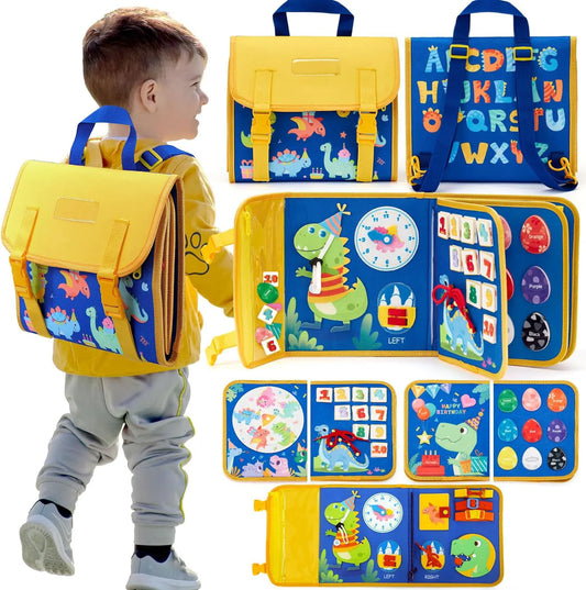 Toddler Montessori Busy Board – Dinosaur Dress-Up, Learning & Sensory Activities, Travel Toy & Life Skills Backpack