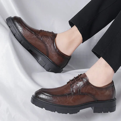 Men’s Cow Leather Dress Shoes with Platform Heel - British Style Casual Wedding & Groom Shoes, Breathable Fashion Formal Footwear