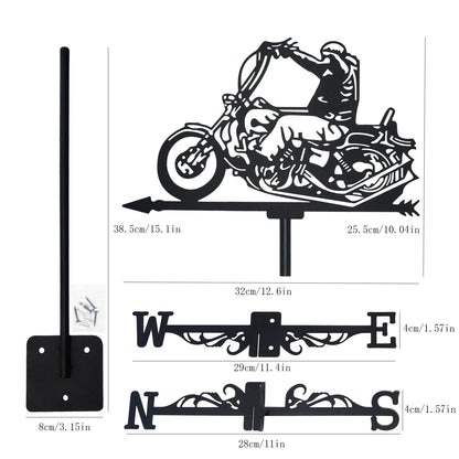 Motorcyclist Weathervane: Black Metal Silhouette Art, Motorcycle-Themed Wind Vane for Outdoor Garden, Roof, and Yard Decor