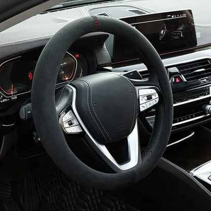 Universal 37–38cm Cowhide Suede Steering Wheel Cover, Breathable Anti-Slip Car Steering Wheel Wrap Accessory