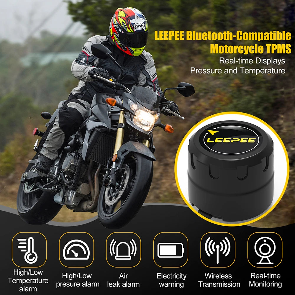 Bluetooth Motorcycle TPMS with 2 Sensors – Tire Pressure Monitoring System for Pit Bike, Tyre Tester Diagnostic Kit Moto Accessories