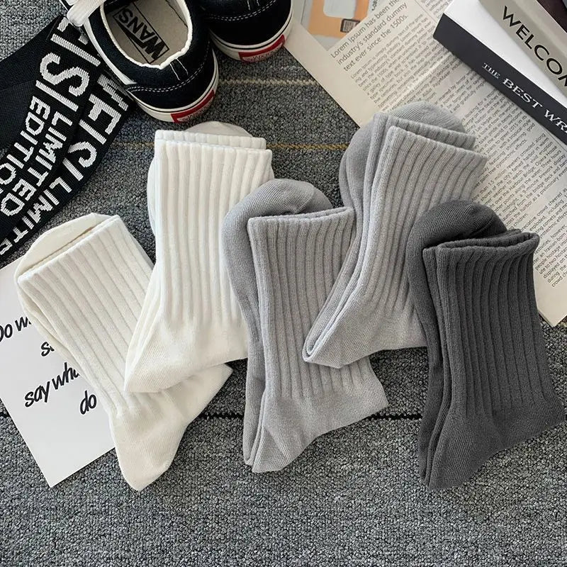 5 Pairs Cool Men's Socks Set – Black & White, Warm Autumn/Winter Sport Short Socks, Solid Color for Men