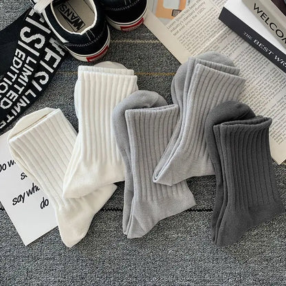5 Pairs Cool Men's Socks Set – Black & White, Warm Autumn/Winter Sport Short Socks, Solid Color for Men