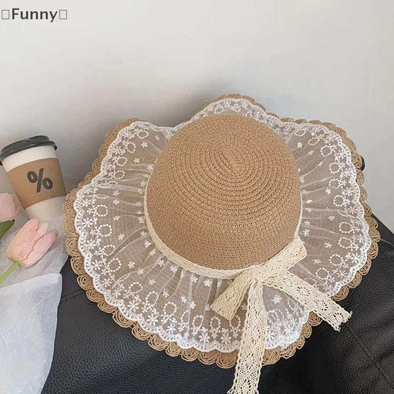 Funny Women’s Lace Straw Hat – Wide Brim Floppy Beach Sun Hat with Solid Fringe, Summer Outdoor Cap