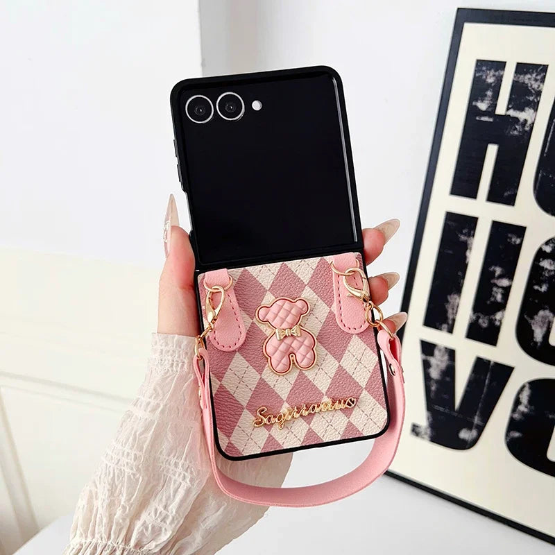 Unique Bear Diamond Pattern Premium Leather Phone Case for Samsung Galaxy Z Flip 7 / 6 / 5 / 4 – Anti-Drop Strap Wrist Protective Foldable Cover