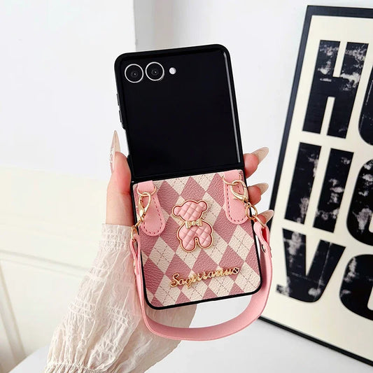 Unique Bear Diamond Pattern Premium Leather Phone Case for Samsung Galaxy Z Flip 7 / 6 / 5 / 4 – Anti-Drop Strap Wrist Protective Foldable Cover