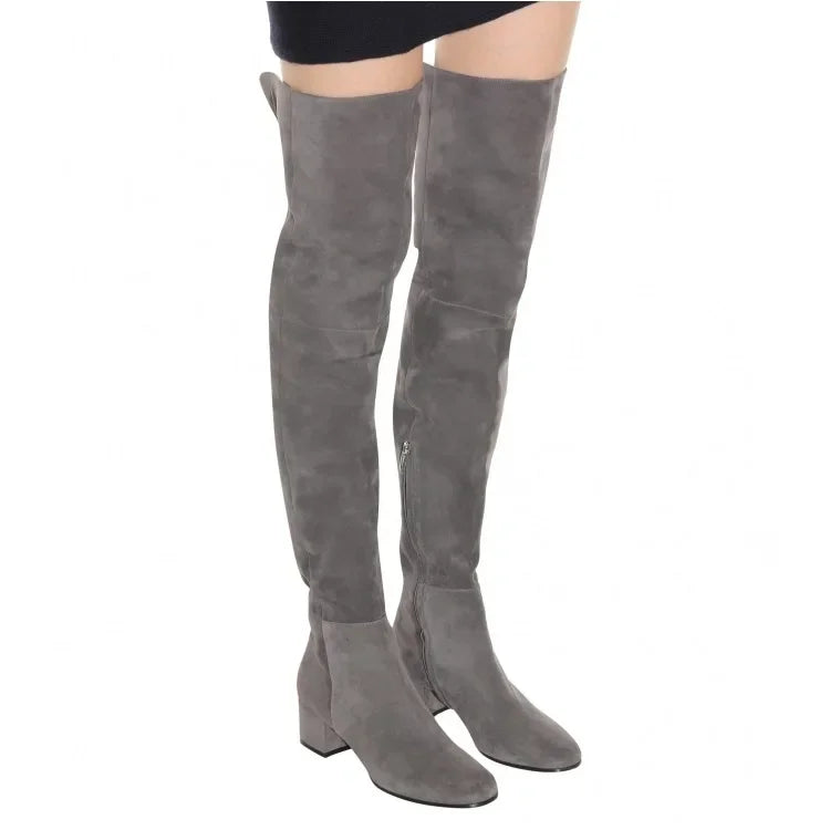 Women’s Over-the-Knee Winter Boots – Round Toe Mid Heel Faux Suede Black Fashion Shoes