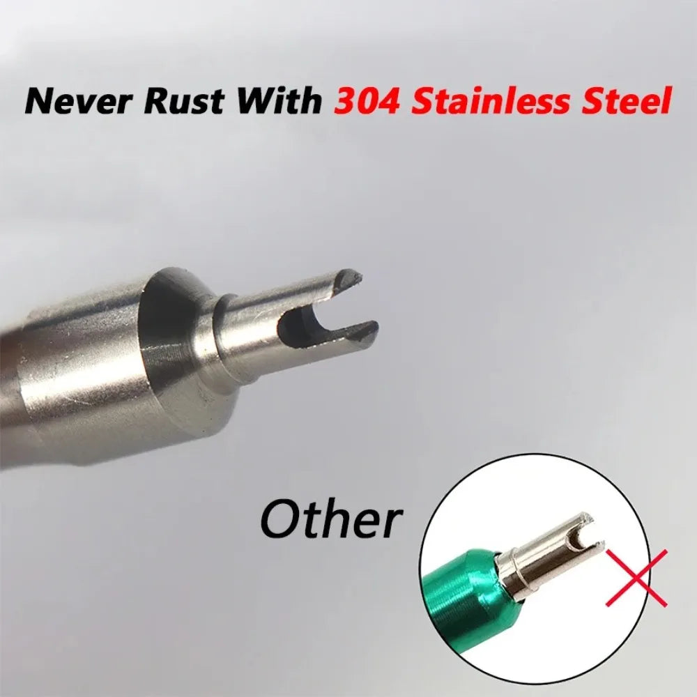 Universal Stainless Steel Tire Valve Core Remover Tool – Anti-Rust Screwdriver with Key Ring & Valve Wrench