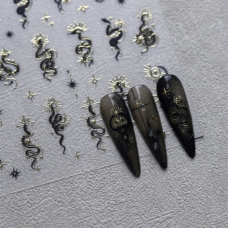5D Gold Stamped Nail Art Stickers - Silver Sun Stars Snake Chinese Style Self-Adhesive Manicure Decals