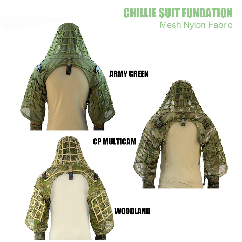 Ghillie Suit Set | Camouflage Hunting Poncho, Base, Cape & Sniper Viper Hood for Airsoft & Paintball