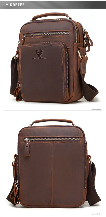 HUMERPAUL Genuine Leather Men's Shoulder Bag – Vintage Crossbody, Large Capacity Messenger Tote for Travel