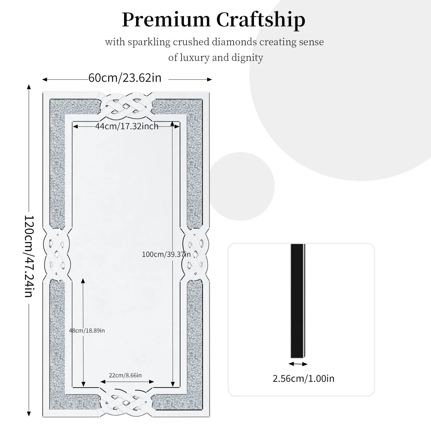 Large Crystal Diamond Wall Mirror – 90/100/120cm Silver Decorative Vanity Mirror for Bedroom, Hallway & Living Room