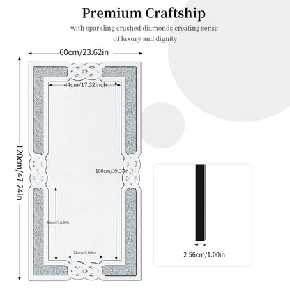 Large Crystal Diamond Wall Mirror – 90/100/120cm Silver Decorative Vanity Mirror for Bedroom, Hallway & Living Room
