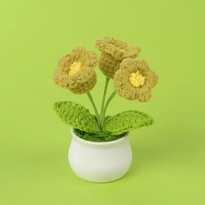 Handmade Crochet Bell Orchid in Pot – Knitted Artificial Flower with Light for Desktop & Easter 2025 Decor