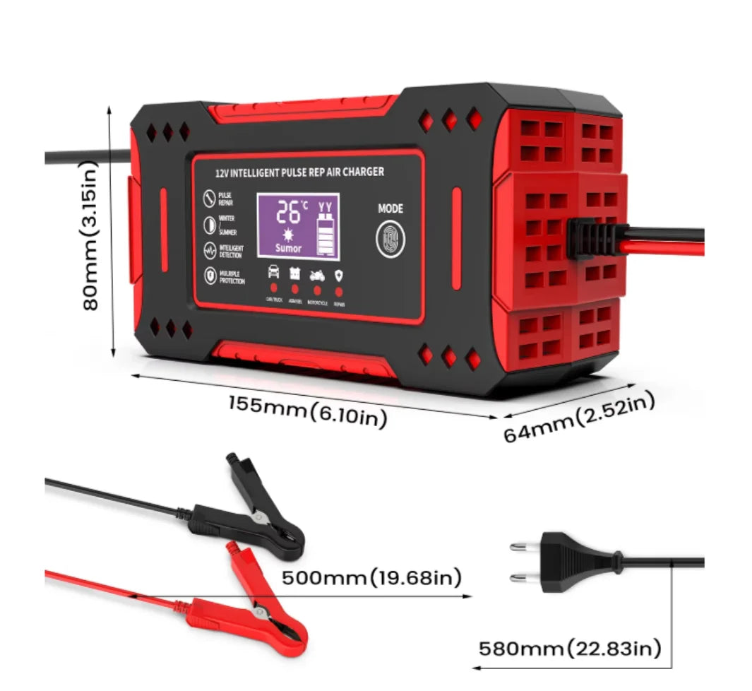 6A 12V Smart Battery Charger – Intelligent Car and Motorcycle Lead-Acid Battery Charger with LCD Display and Repair Mode
