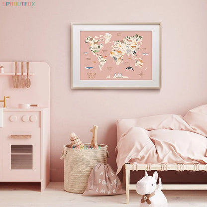 Pastel Animal World Map Canvas Wall Art – Educational Nordic Poster Print for Kids Room Decoration & Nursery Home Decor