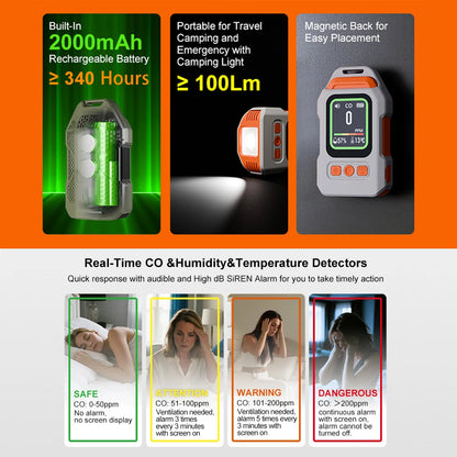 Yieryi 3-in-1 CO Gas Leak Detector - Portable Carbon Monoxide Alarm with Flashlight, Temperature & Humidity Meter for Indoor Use