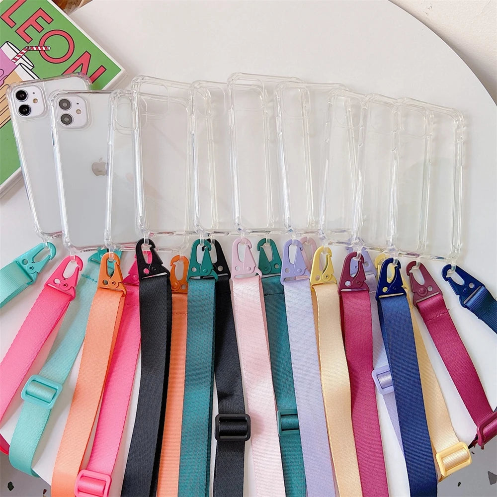 Crossbody Shoulder Strap Phone Case - Transparent Shockproof Cover for iPhone 17 Air, 16, 15, 14, 13 Pro Max & More