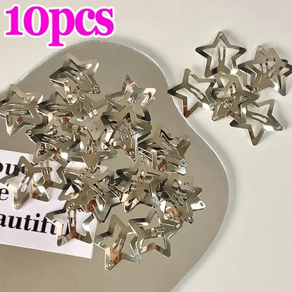 2/50PCS Y2K Silver Star Hair Clips – Filigree Metal Snap Hairpins for Girls, Nickel-Free Hair Jewelry Barrettes