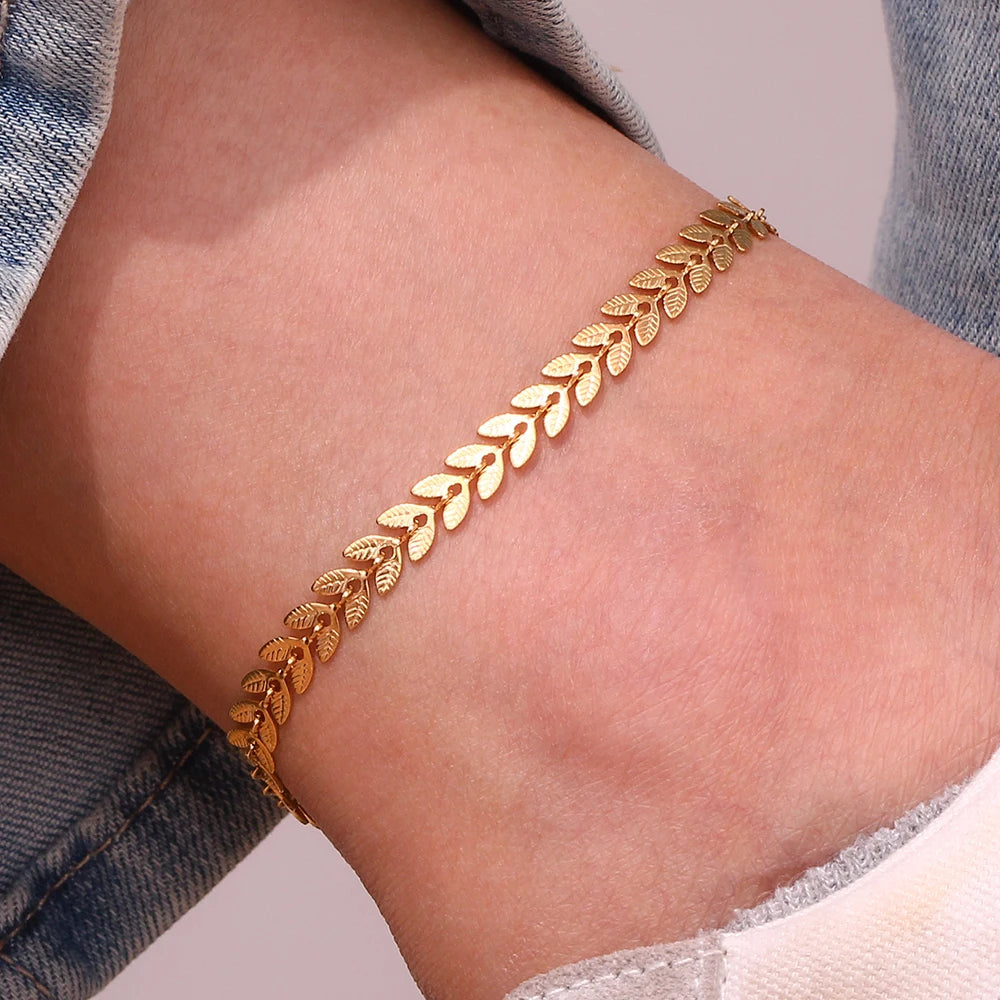 La.Muses Gold Plated Leaf Chain Necklace – Stainless Steel Fishtail Design Bracelet & Anklet Jewelry Set for Women
