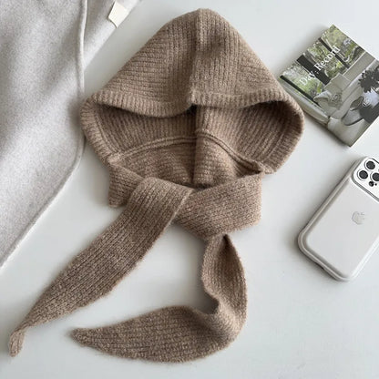 Women’s Warm Hooded Knitted Hat – Autumn Winter Ear Protection Balaclava, Versatile Windproof Ski Beanie with Scarf