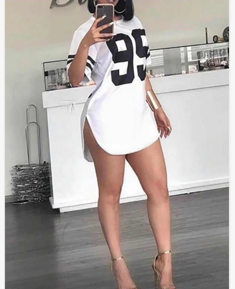 95 Print Y2K Football Jersey T-Shirt - Oversized Split-Sleeve Retro Streetwear Top