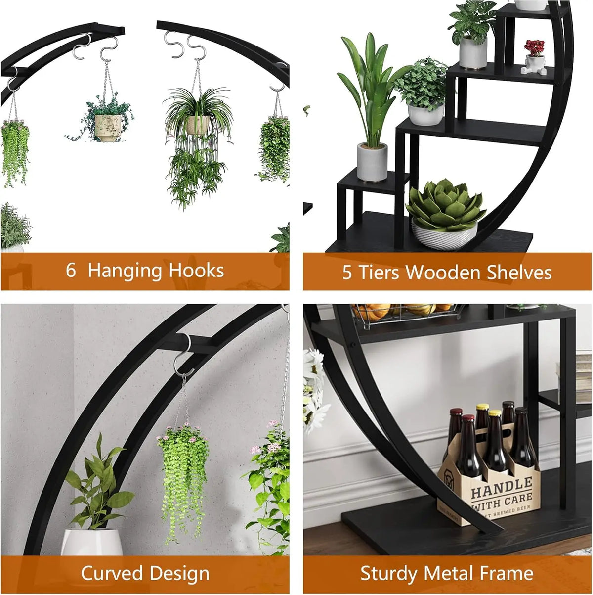 2PCS 5-Tier Metal Plant Stand - Half Moon Indoor & Outdoor Flower Shelf Rack for Home, Patio & Lawn