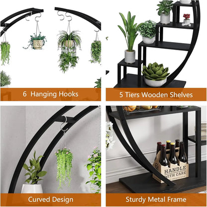 2PCS 5-Tier Metal Plant Stand - Half Moon Indoor & Outdoor Flower Shelf Rack for Home, Patio & Lawn