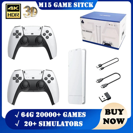 M15 Game Stick Mini TV Handheld Console — Wireless Gamepads, 64GB with 20,000+ Retro Games, HD Output, Two-Player for PS1 and More