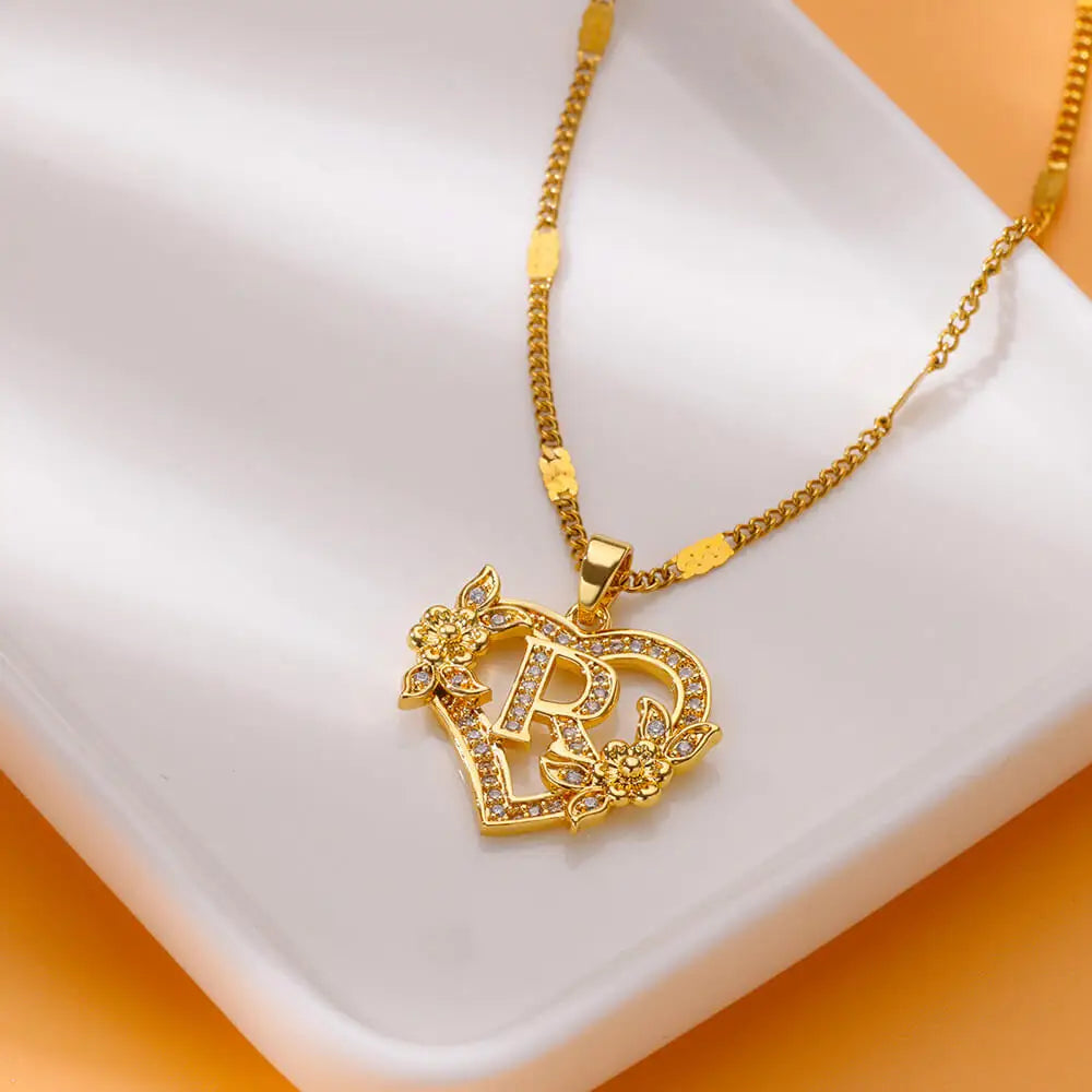 Gold Zircon Heart Initial Necklace – Stainless Steel Letter Pendant Jewelry for Women