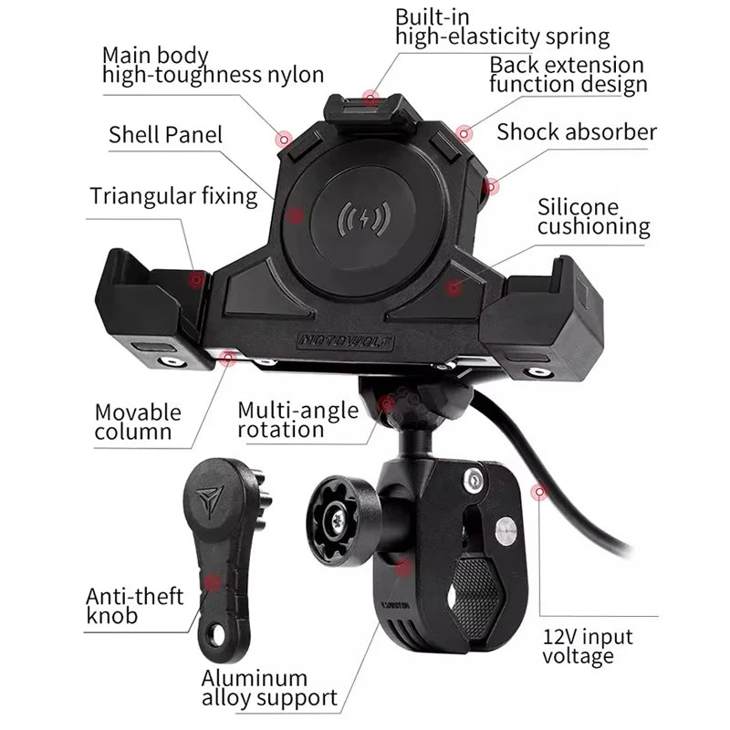 MOTOWOLF Motorcycle Shock Absorbing Phone Holder – Triangular Wireless Charging Navigation Mount