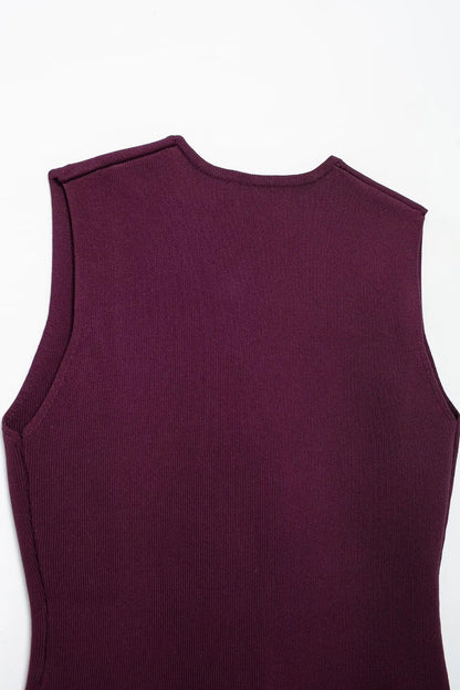 TRAFZA 2025 Women’s Wine Red Skirt Set – Knitted V-Neck Vest with High Waist Zipper Patchwork Long Skirt