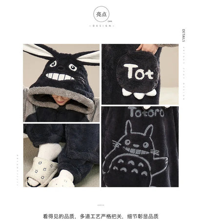 Gengar Pokemon Pajamas Set — Men’s Large Winter Coral Fleece Hooded Nightgown, Thick Warm Anime Home Suit