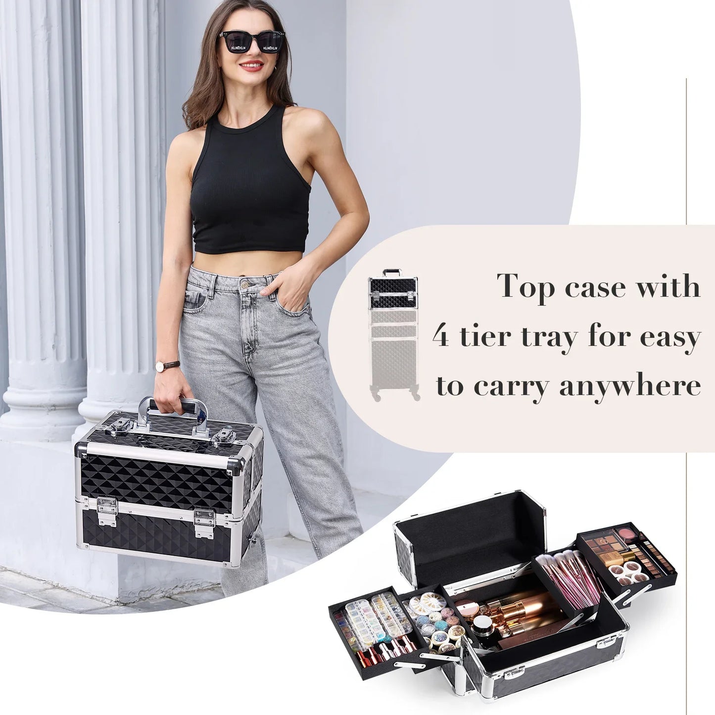 Makeup Trolley Case 4-in-1 — Detachable Alloy Train Briefcase with Wheels, Lockable Large Capacity Storage for Nail Manicure Salon