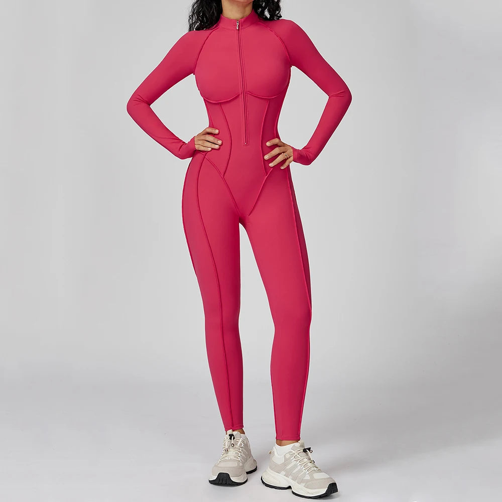 Women’s Long Sleeve Yoga Bodysuit Jumpsuit – Zip-Up Gym Tracksuit One-Piece Fitness Outfit for High-Intensity Workout & Training