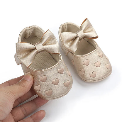 Baby Girls Shoes - Classic Dress Style with Cute Bow-Knot Heart, Anti-Slip Soft Sole First Walkers for Infants 0-18m