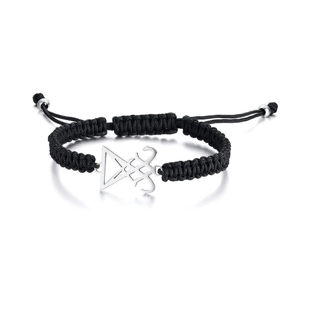 Leviathan Cross Woven Bracelet - Stainless Steel Satanic Style Totem Black Adjustable Knot Wrist Jewelry