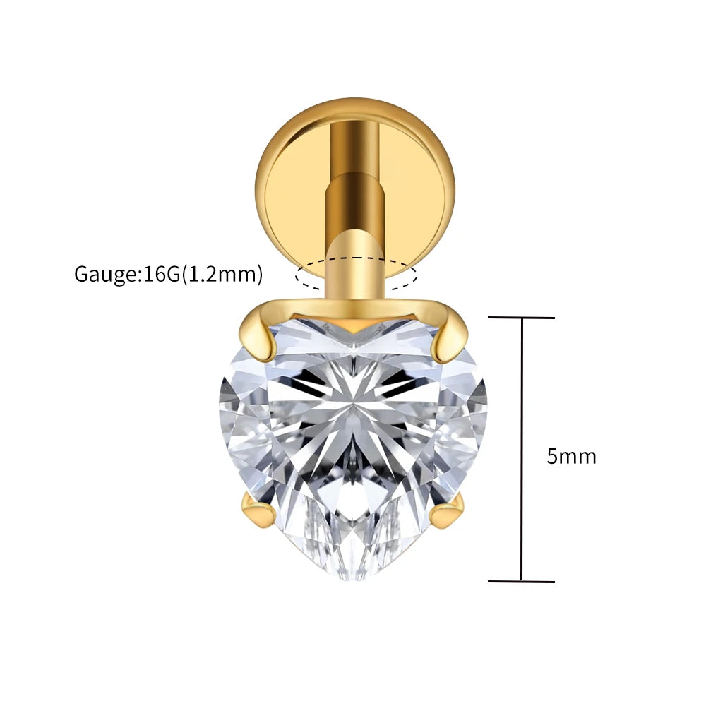 Right Grand ASTM F136 Titanium 16G Heart CZ Threaded Labret Stud – 3mm/4mm/5mm CZ Cartilage, Tragus, Helix & Nose Piercing Jewelry
