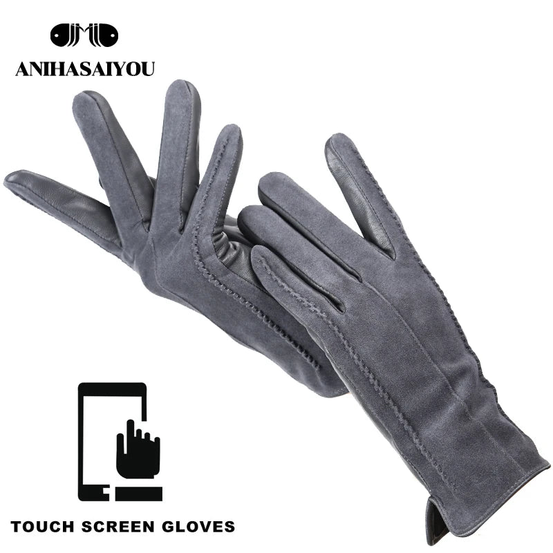 Women’s Winter Touch Gloves – 50% Genuine Leather & 50% Suede, Colorful Warm Leather Gloves