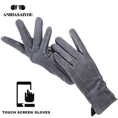 Women’s Winter Touch Gloves – 50% Genuine Leather & 50% Suede, Colorful Warm Leather Gloves
