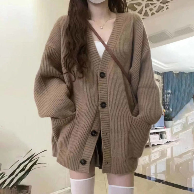 Autumn Winter Women’s Cardigan Sweater Coat – Fashion Long Sleeve V-Neck, Loose Fit Knitted Jacket, Casual Sweater Cardigan