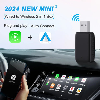 2 in 1 Wireless CarPlay & Android Auto Adapter – Wired to Wireless Dongle, Bluetooth Plug & Play Mini Box