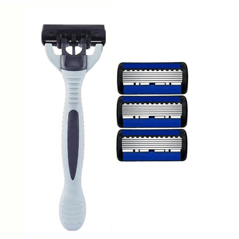 Men’s Manual Safety Razor – 6-Layer Stainless Steel Hair Removal Knife with Replaceable Heads and Razor Tools